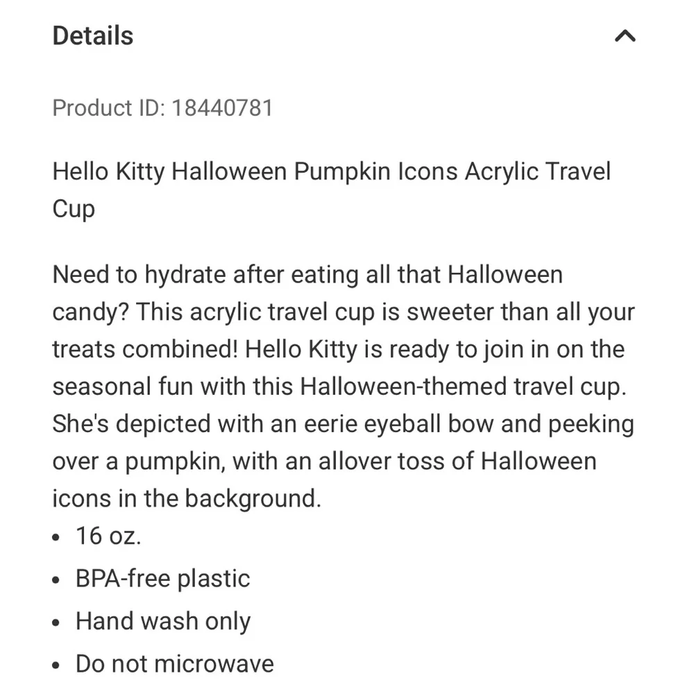 NIB hello kitty pumpkin Halloween acrylic tumbler